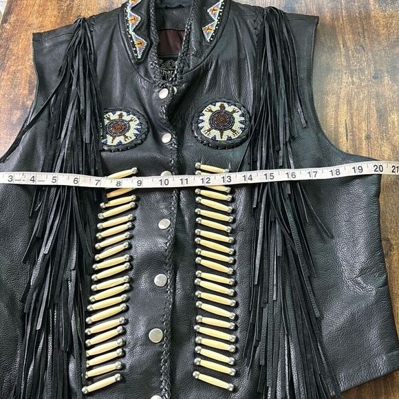 Vtg Tribal America Beads & Fringe Native black leather biker vest XXL - Picture 8 of 10